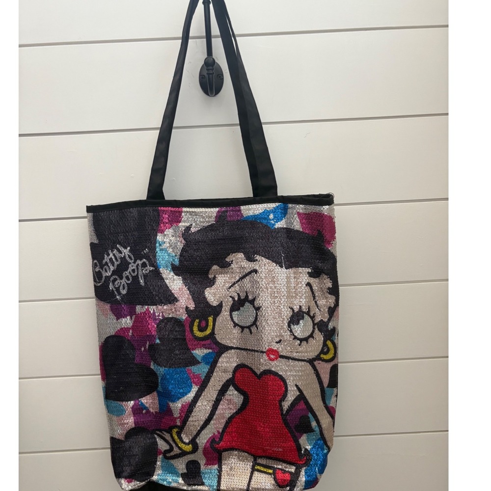 Betty Boop Sequin Tote Bag‎ Shopper Purse Black Hearts Cartoon Graphic